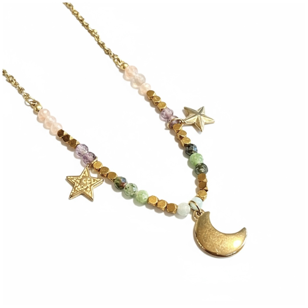 Spirituel halsk�de med m�ne, stjerner og krystaller � Forgyldt st�l 44 cm