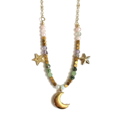 Spirituel halskde med mne, stjerner og krystaller  Forgyldt stl 44 cm