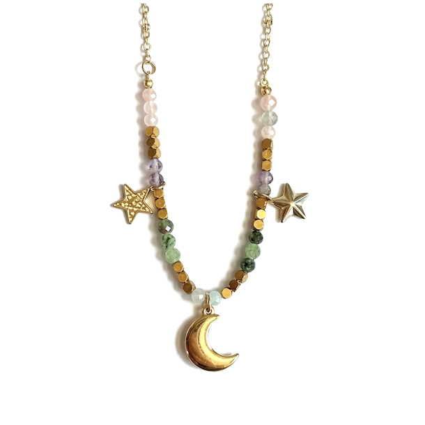 Spirituel halsk�de med m�ne, stjerner og krystaller � Forgyldt st�l 44 cm