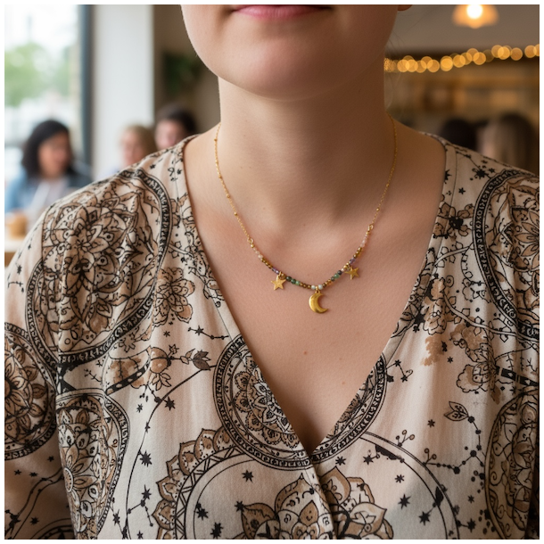 Spirituel halsk�de med m�ne, stjerner og krystaller � Forgyldt st�l 44 cm