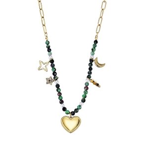 Spirituel halsk�de med rubin zoisit, hjerte, m�ne og stjerner i forgyldt st�l