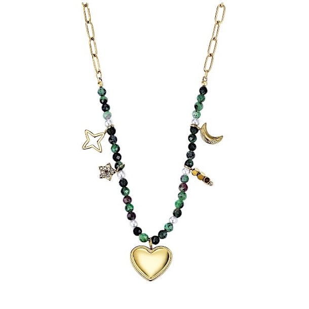 Spirituel halsk�de med rubin zoisit, hjerte, m�ne og stjerner i forgyldt st�l