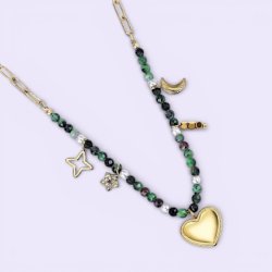 Spirituel halsk�de med rubin zoisit, hjerte, m�ne og stjerner i forgyldt st�l
