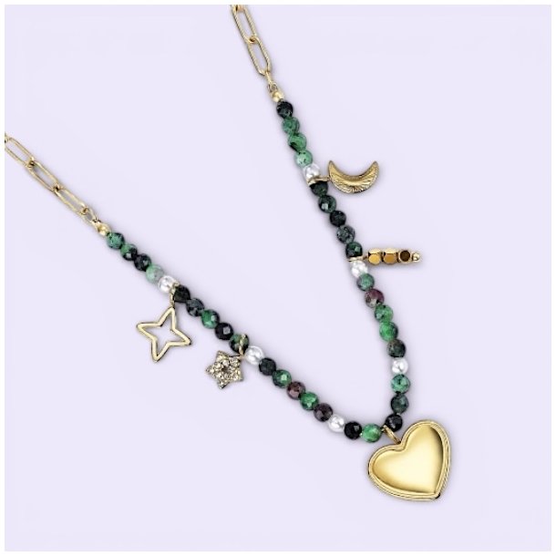 Spirituel halsk�de med rubin zoisit, hjerte, m�ne og stjerner i forgyldt st�l