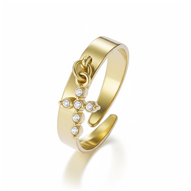 Smuk justerbar forgyldt stlring med kors og klare facetslebne rhinsten