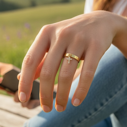 Smuk justerbar forgyldt st�lring med kors og klare facetslebne rhinsten