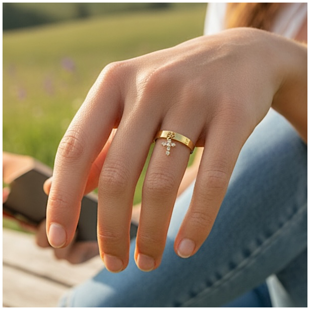 Smuk justerbar forgyldt stlring med kors og klare facetslebne rhinsten