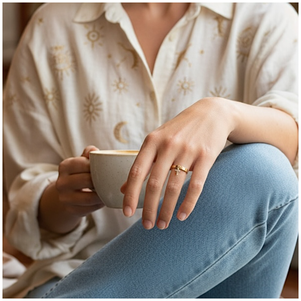 Smuk justerbar forgyldt st�lring med kors og klare facetslebne rhinsten