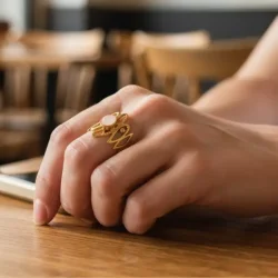 Justerbar Forgyldt Ring med Rosenkvarts � Spirituel K�rlighed