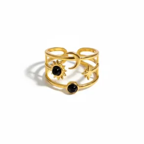 Justerbar Ring med Sol, M�ne, Stjerne og sort agat � Kosmisk Energi