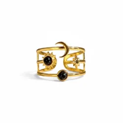 Justerbar Ring med Sol, M�ne, Stjerne og sort agat � Kosmisk Energi
