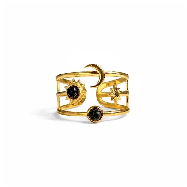 Justerbar Ring med Sol, M�ne, Stjerne og sort agat � Kosmisk Energi