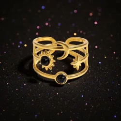 Justerbar Ring med Sol, M�ne, Stjerne og sort agat � Kosmisk Energi