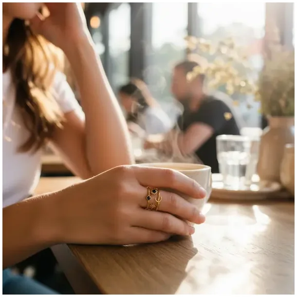 Justerbar Ring med Sol, M�ne, Stjerne og sort agat � Kosmisk Energi