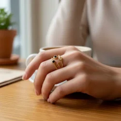 Justerbar Ring med Sol, M�ne, Stjerne og sort agat � Kosmisk Energi