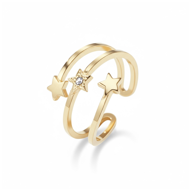 Triple Star � Justerbar forgyldt nikkelfri st�lring med rhinsten og spirituel energi