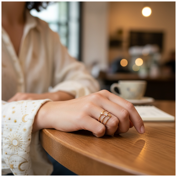 Triple Star � Justerbar forgyldt nikkelfri st�lring med rhinsten og spirituel energi