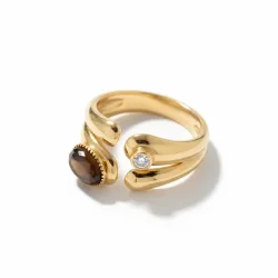 Justerbar Forgyldt Ring med Tigerje og Rhinsten  Beskyttelsens Kraft