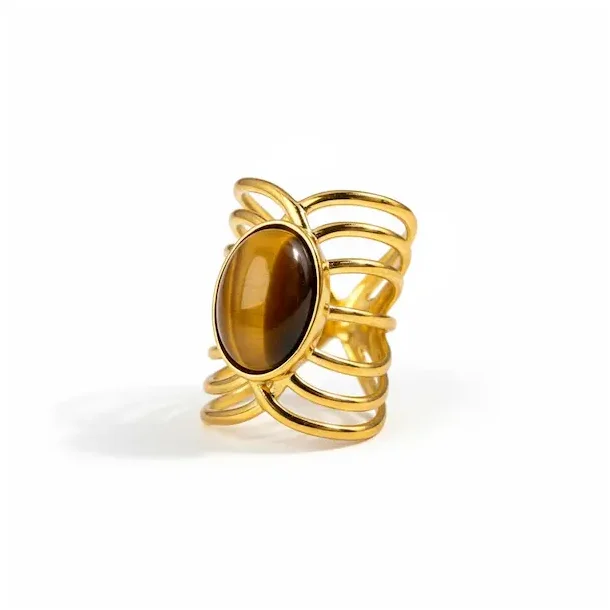 Forgyldt Justerbar Ring med Tiger�je � Mod &amp; Styrke