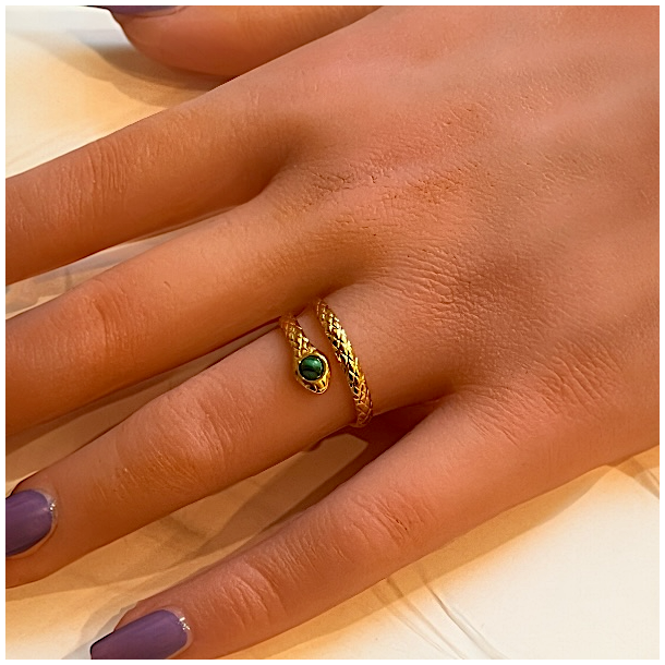 Forgyldt justerbar slange ring med malakit je  spirituelt symbol p transformation