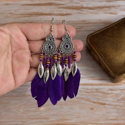 Spirituelle Boheme �reringe med �gte fjer | Totall�ngde ca. 10 cm