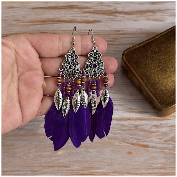 Spirituelle Boheme �reringe med �gte fjer | Totall�ngde ca. 10 cm