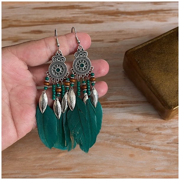 Spirituelle Boheme �reringe med �gte fjer | Totall�ngde ca. 10 cm
