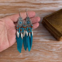 Spirituelle Boheme �reringe med �gte fjer | Totall�ngde ca. 10 cm