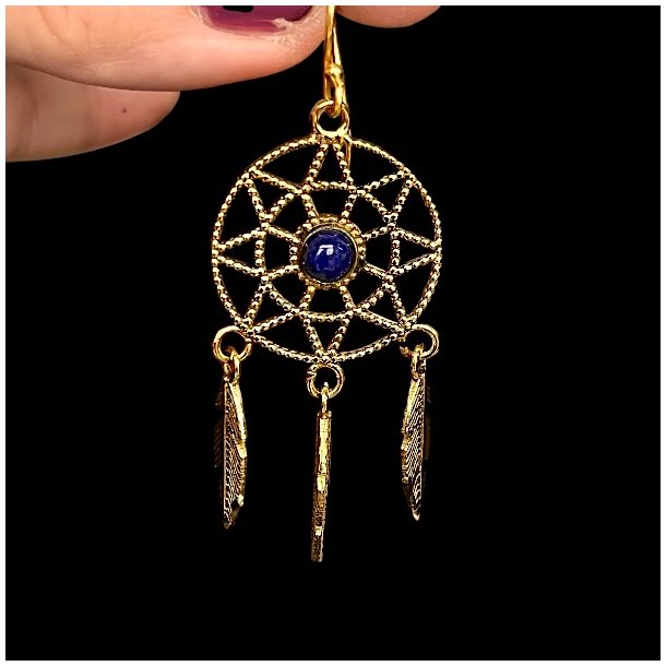 Hndlavede Drmmefanger reringe i Nikkelfri Bronze  5 cm Lngde med Krystaller og Fjer 