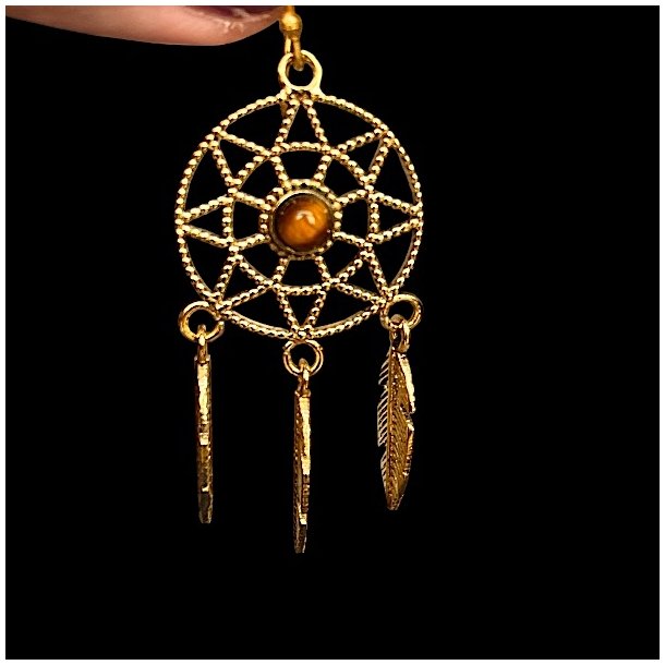 Hndlavede Drmmefanger reringe i Nikkelfri Bronze  5 cm Lngde med Krystaller og Fjer 