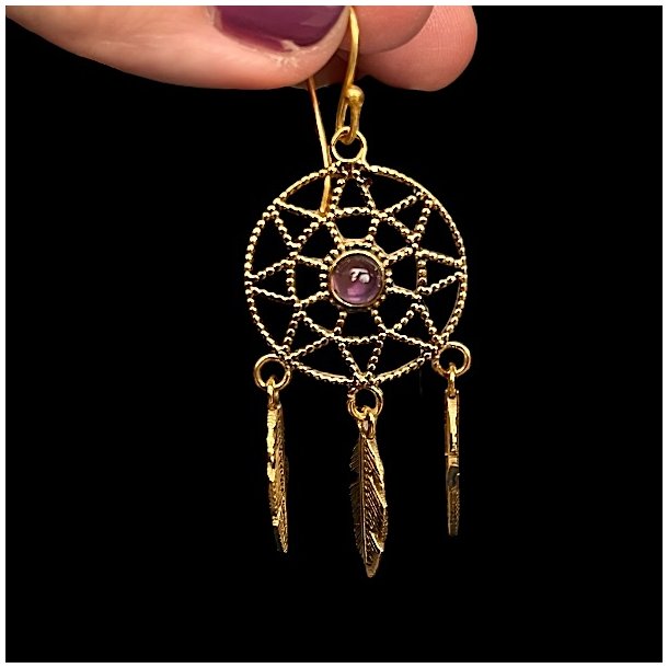 Hndlavede Drmmefanger reringe i Nikkelfri Bronze  5 cm Lngde med Krystaller og Fjer 