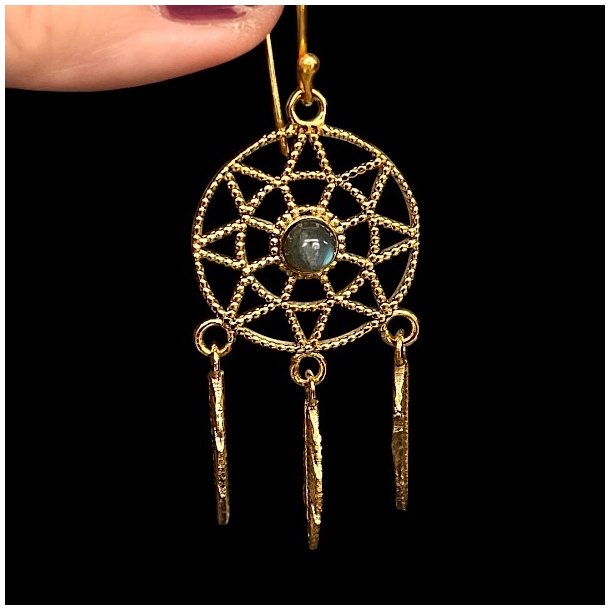 Hndlavede Drmmefanger reringe i Nikkelfri Bronze  5 cm Lngde med Krystaller og Fjer 