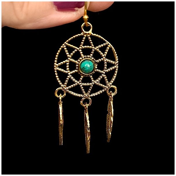 Hndlavede Drmmefanger reringe i Nikkelfri Bronze  5 cm Lngde med Krystaller og Fjer 