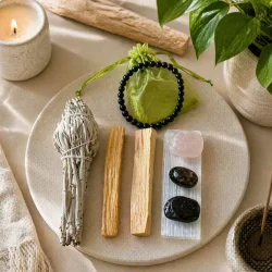 Krystals�t med hvid salvie, palo santo, sort turmalin og selenit til energirensning og beskyttelse