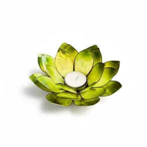 Stor hndlavet lotus fyrfadsstage i grn capiz skal  16 cm