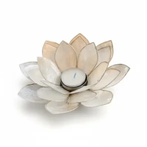 Stor hndlavet lotus fyrfadsstage i perlemorsfarvet capiz skal  16 cm