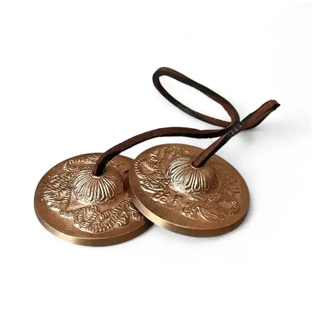 Tibetanske tingsha klokker 7,3 cm messing m. dragemotiv  meditation &amp; feng shui