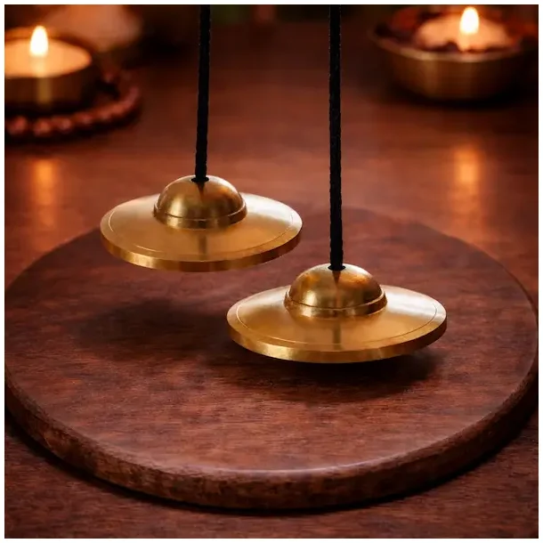 Tingsha klokker i massiv messing 10,5 cm � h�ndlavede med l�dersn�re 47 cm