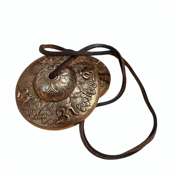 Tibetanske Tingsha klokker i messing m. lotusblomst og AUM-symbol  Ml ca. 7,5 cm