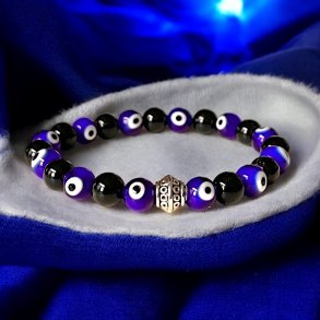 Krystal armbnd med tyrkisk je (Nazar Boncuğu) og sort turmalin 16 - 18 cm