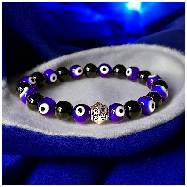 Krystal armbnd med tyrkisk je (Nazar Boncu&#287;u) og sort turmalin 16 - 18 cm