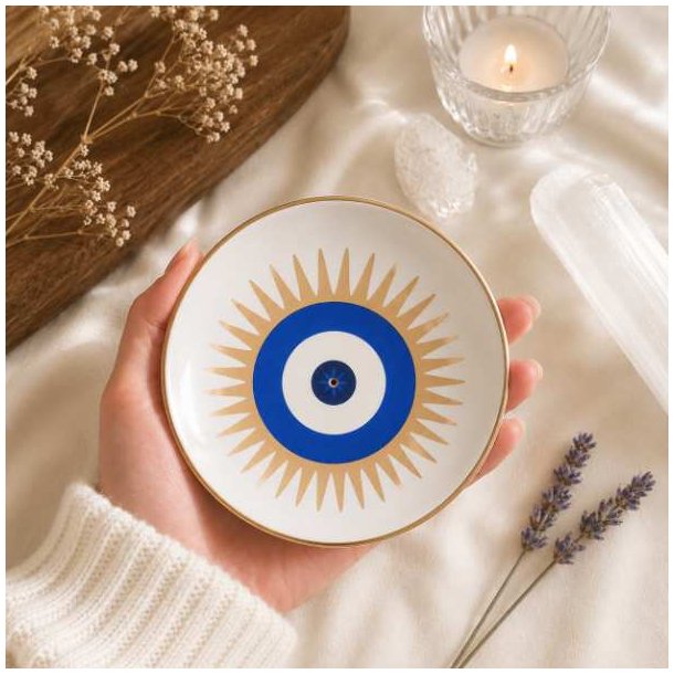 Keramisk r�gelsesholder med tyrkisk �je viser st�rrelse og elegante gulddetaljer