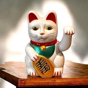 Stor Hvid Lucky Cat Maneki Neko (18 cm)  bring held, velstand og harmoni ind i dit liv.
