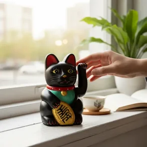 Sort Lucky Cat 13 cm � Symbol p� Held, lykke, Mystik og Beskyttelse