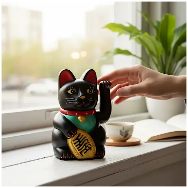 Sort Lucky Cat 13 cm � Symbol p� Held, lykke, Mystik og Beskyttelse