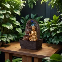 Buddha Zen fontne med roterende glaskugle, aftagelig statue og LED-lys