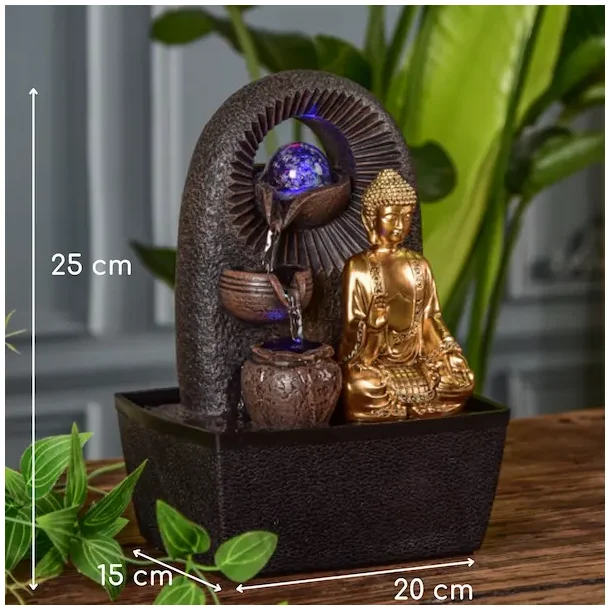 Buddha Zen fontne med roterende glaskugle, aftagelig statue og LED-lys