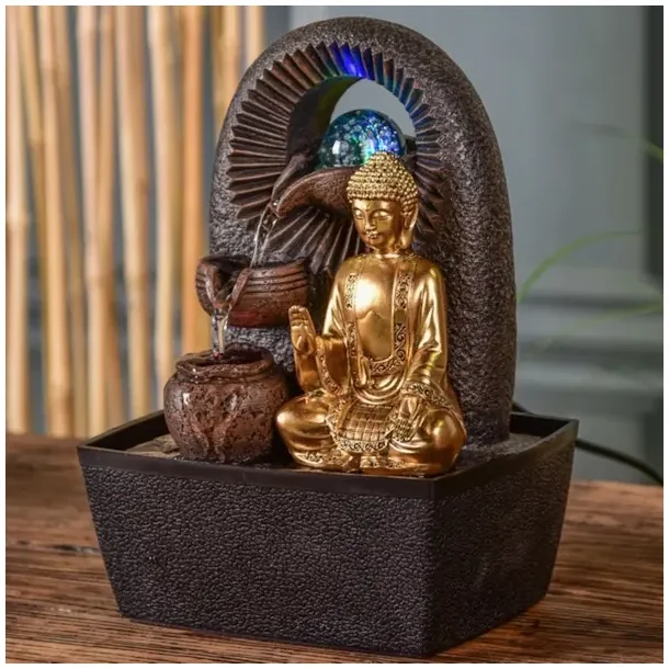 Buddha Zen fontne med roterende glaskugle, aftagelig statue og LED-lys