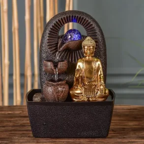 Buddha Zen fontne med roterende glaskugle, aftagelig statue og LED-lys