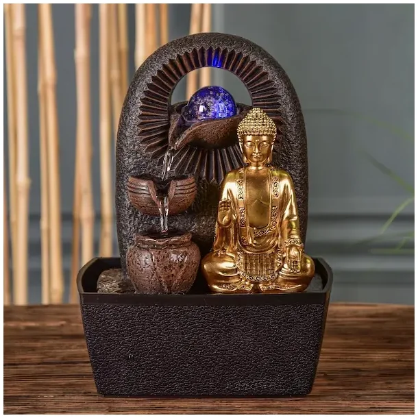 Buddha Zen fontne med roterende glaskugle, aftagelig statue og LED-lys